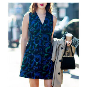 Kenzo Paris 38 Dress Fit & Flare Black Blue Green Sleeveless V Neck Lined $395